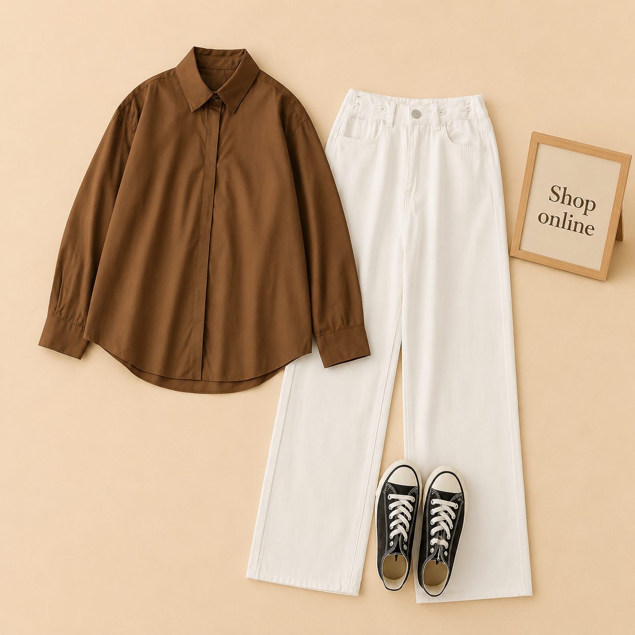 COFEE BROWN BUTTON SHIRT WITH WHITE WIDE LEG JEANS