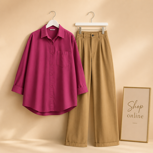 SHOCKING PINK BUTTON SHIRT WITH BEIGE WIDE LEG JEANS