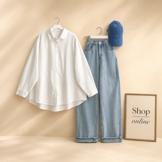 WHITE BUTTON SHIRT WITH ICE BLUE WIDE LEG JEANS