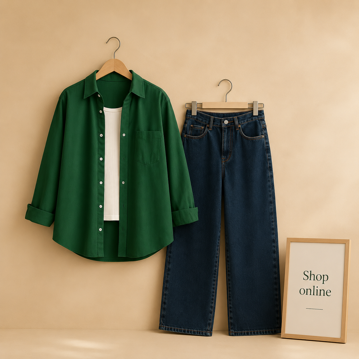 BOTTLE GREEN BUTTON SHIRT WITH WHITE TANK TOP AND DARK BLUE WIDE LEG JEANS