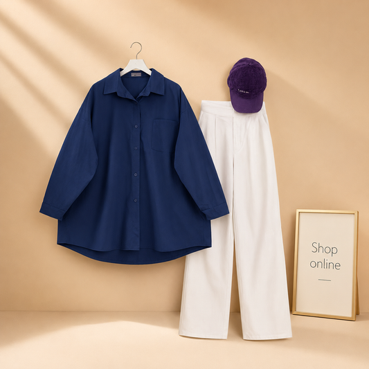 ROYAL BLUE BUTTON SHIRT WITH WHITE WIDE LEG JEANS