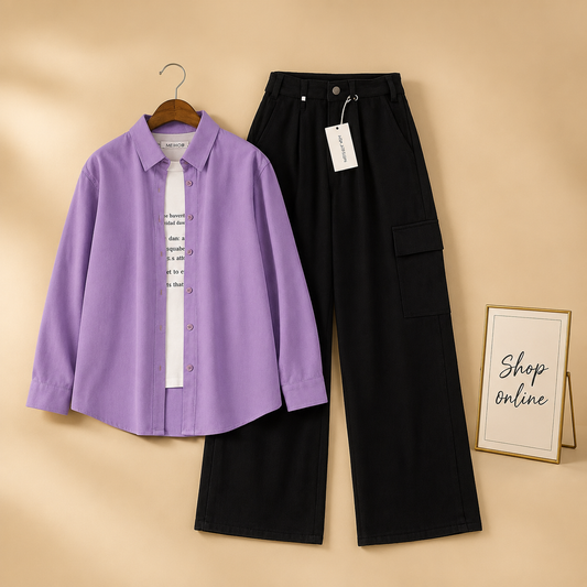 LILAC BUTTON SHIRT WITH BLACK WIDE LEG JEANS
