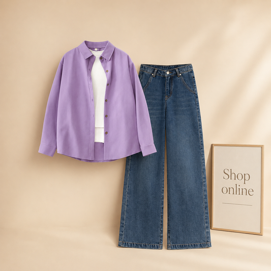 LILAC BUTTON SHIRT WITH INNER AND MID BLUE WIDE LEG JEANS