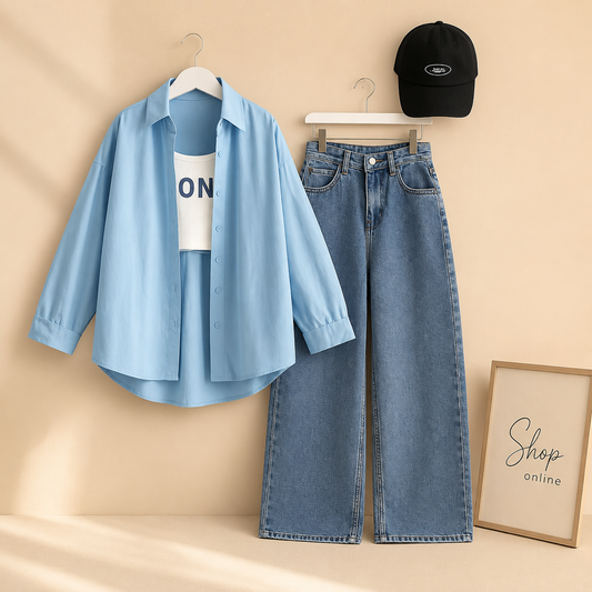 SKY BLUE BUTTON SHIRT AND TANK TOP WITH SKY BLUE WIDE LEG JEANS (3PCS)