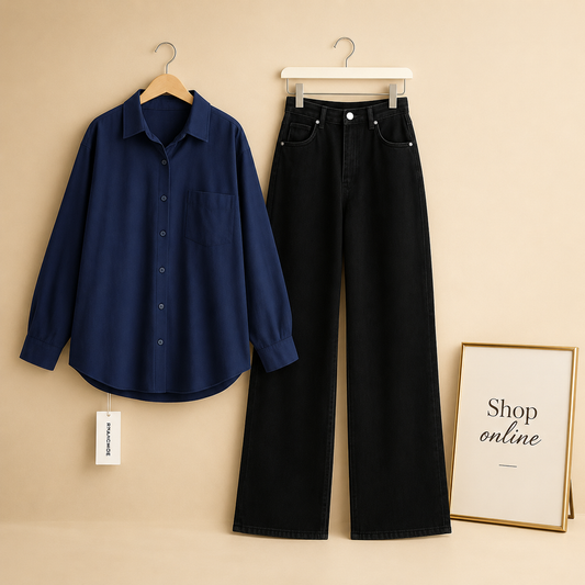 NAVY BLUE BUTTON SHIRT WITH BLACK WIDE LEG JEANS
