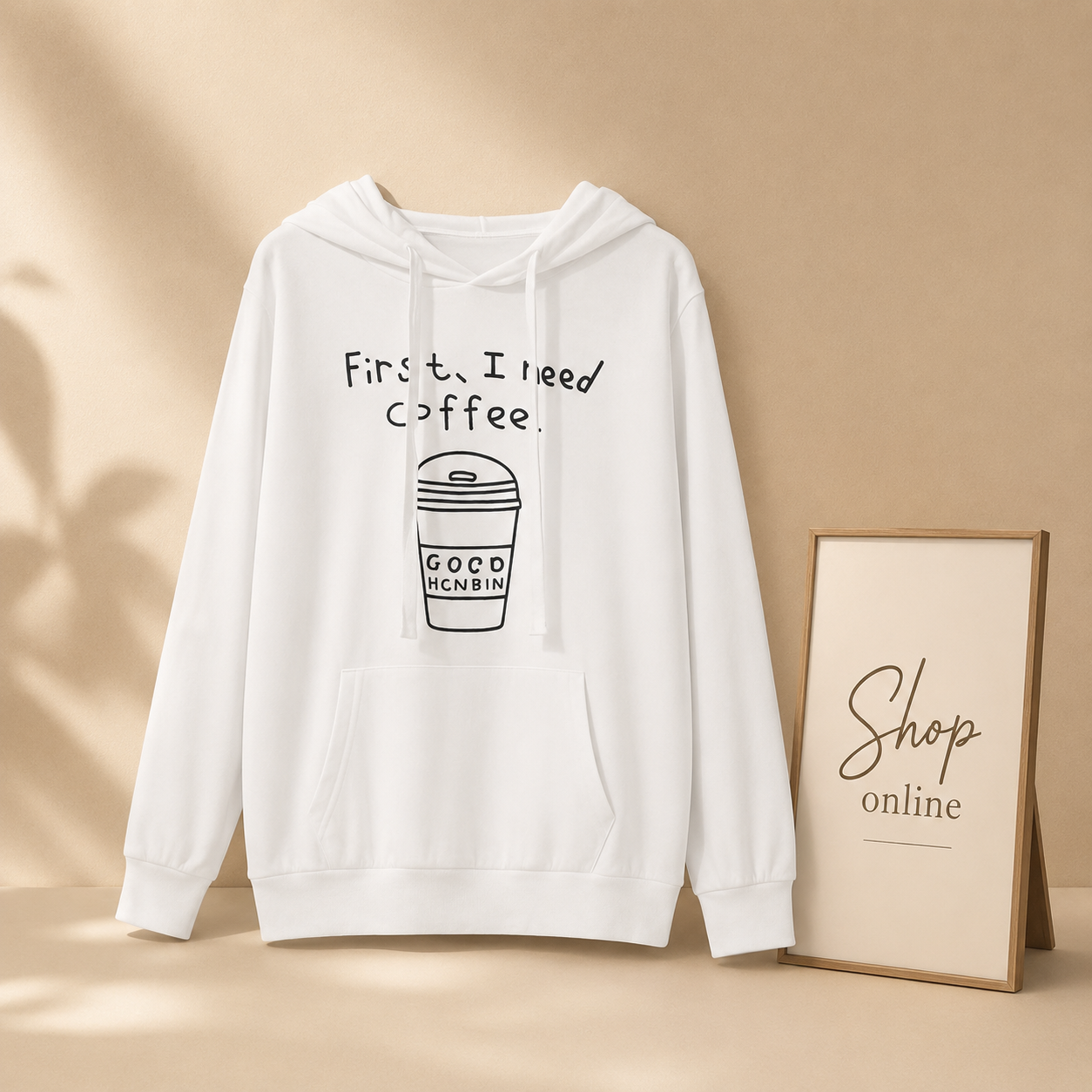 FIRST I NEED COFEE WHITE HOODIE