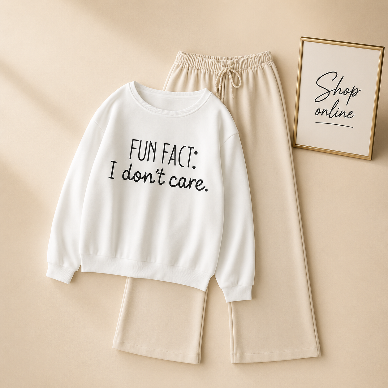 FUN FACT WHITE SWEATSHIRT WITH BEIGE FLAPPER