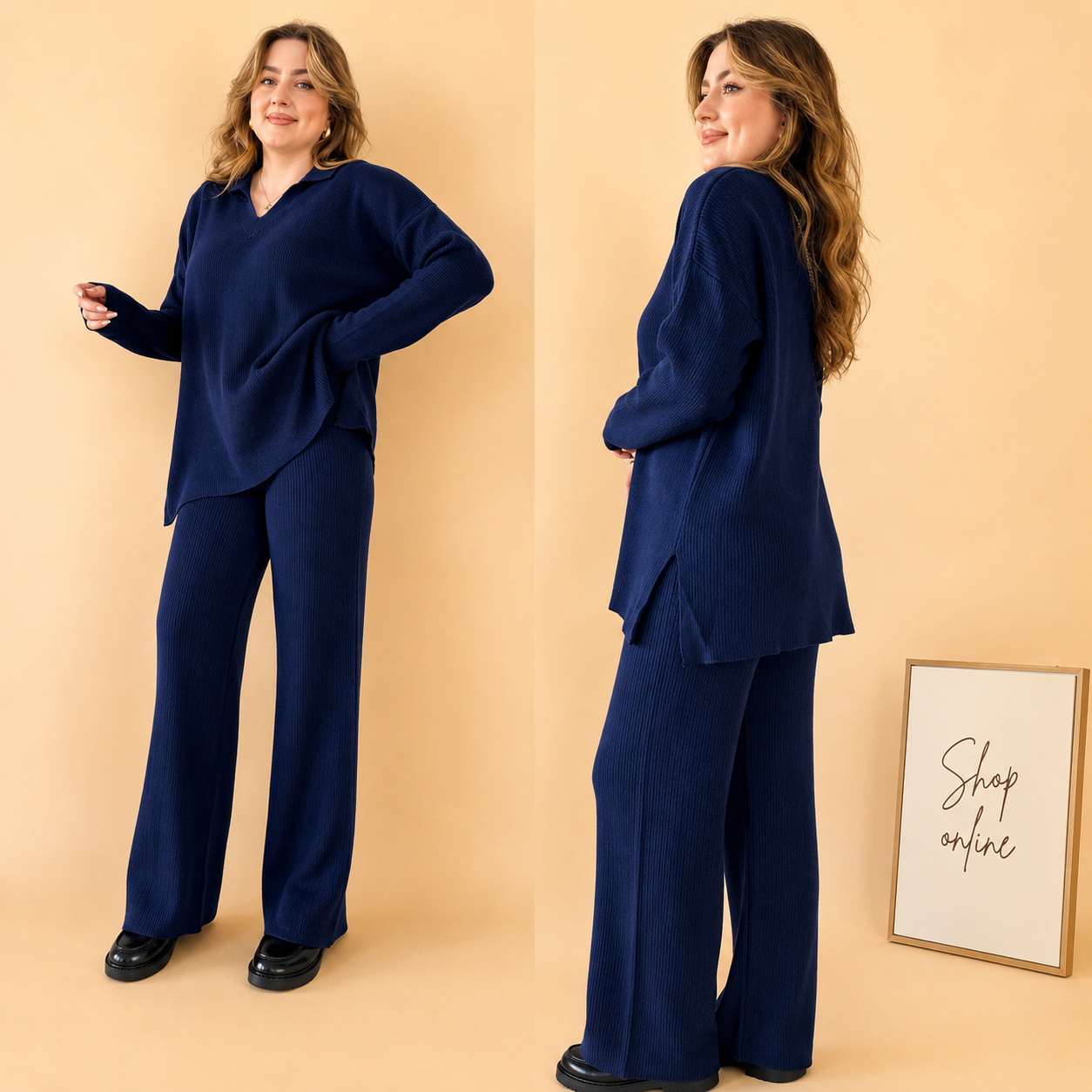 NAVY BLUE V NECK RIB KNIT TRACKSUIT
