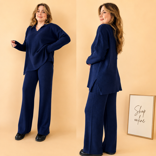 NAVY BLUE V NECK RIB KNIT TRACKSUIT