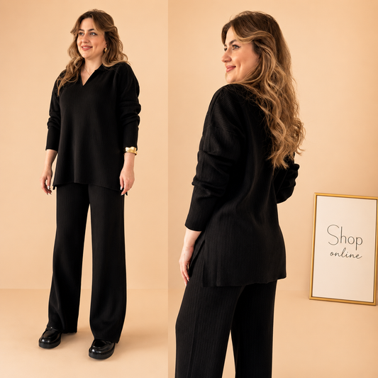 RIB KNIT BLACK TRACKSUIT V NECK