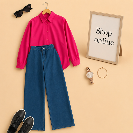 SHOCKING PINK BUTTON DOWN SHIRT WITH SKYISH BLUE WIDE LEG JEANS