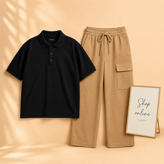 BLACK POLO WITH BEIGE CARGO TROUSER