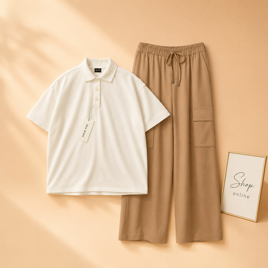 WHITE POLO WITH BEIGE CARGO TROUSER