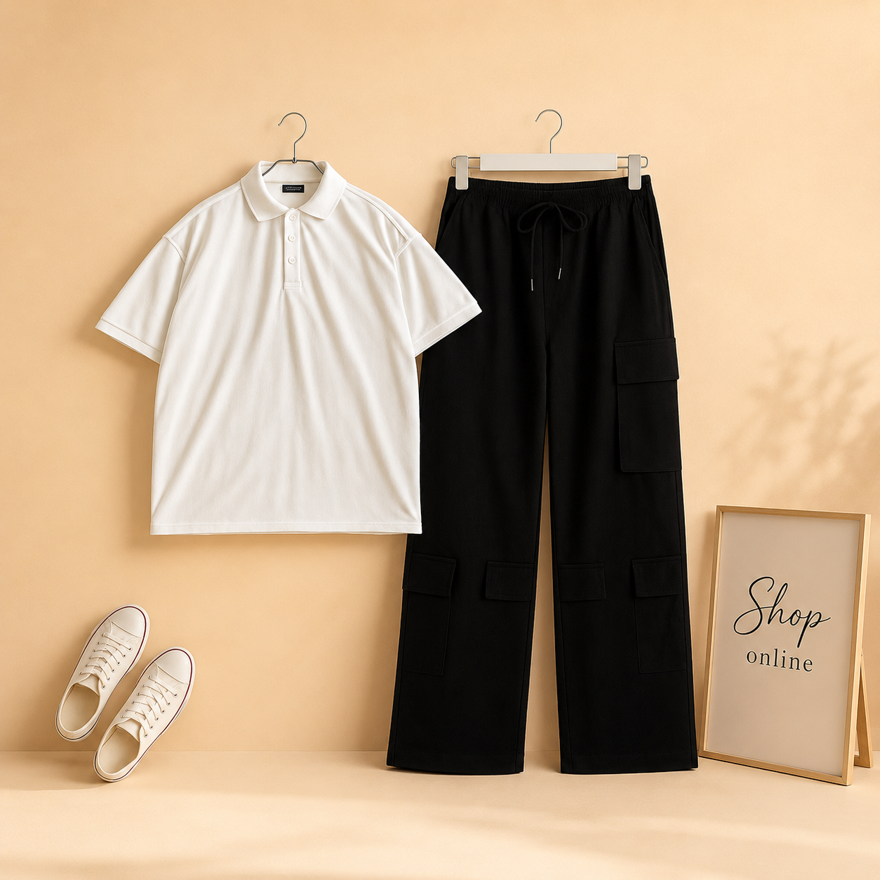 WHITE POLO WITH BLACK CARGO TROUSER