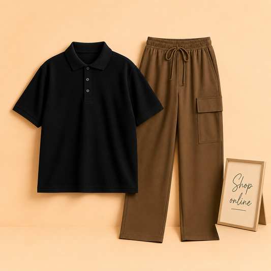 BLACK POLO WITH BROWN CARGO TROUSER