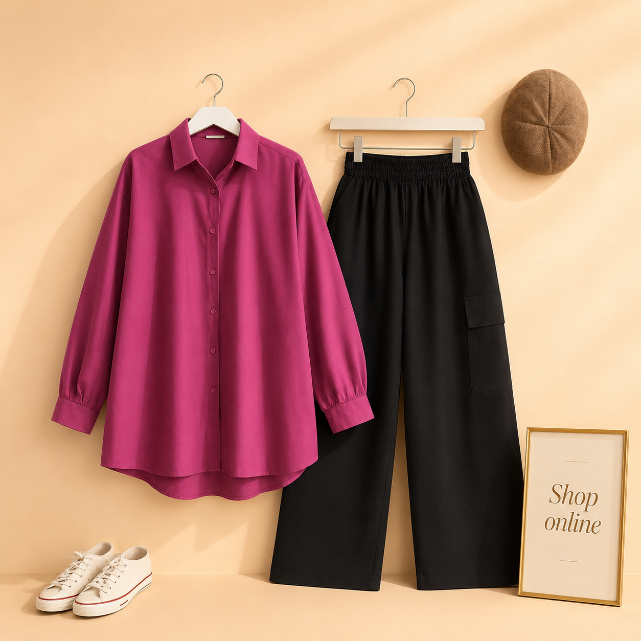 SHOCKING PINK BUTTON SHIRT WITH BLACK CARGO TROUSER