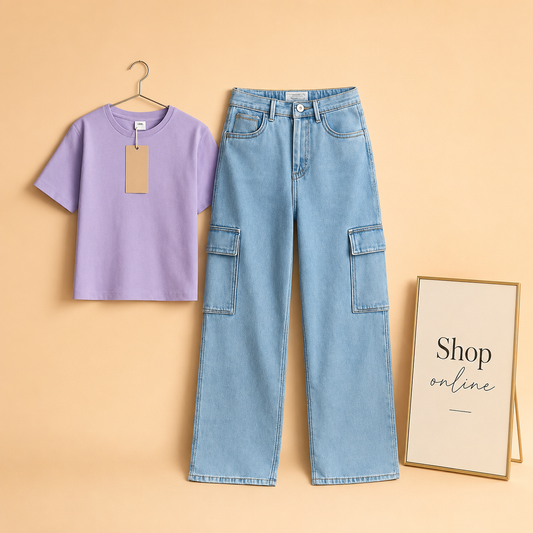 LIALC TEE WITH ICE BLUE CARGO WIDE LEG JEANS