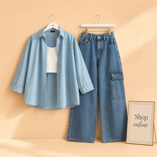 SKY BLUE BUTTON SHIRT AND TANK TOP WITH SKY BLUE WIDE LEG CARGO JEANS (3PCS)