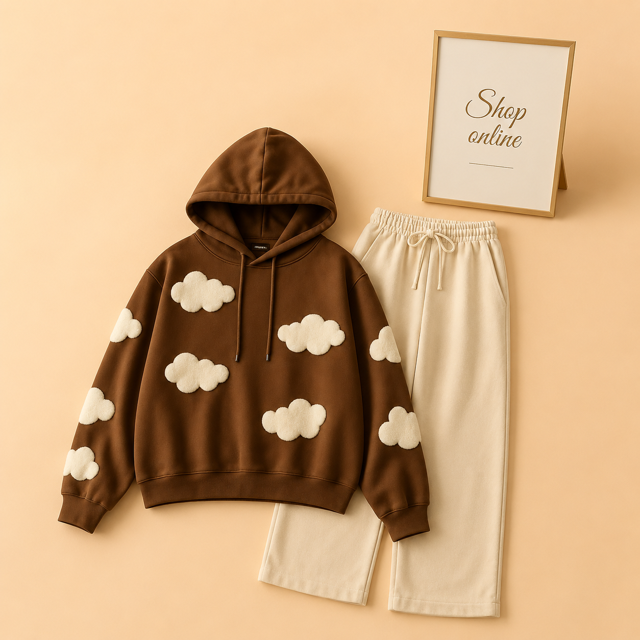 BROWN HOODIE CLOUDS ALL OVER WITH BEIGE FLAPPER