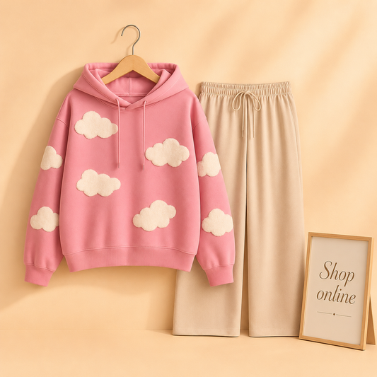 PINK HOODIE CLOUDS ALL OVER WITH BEIGE FLAPPER