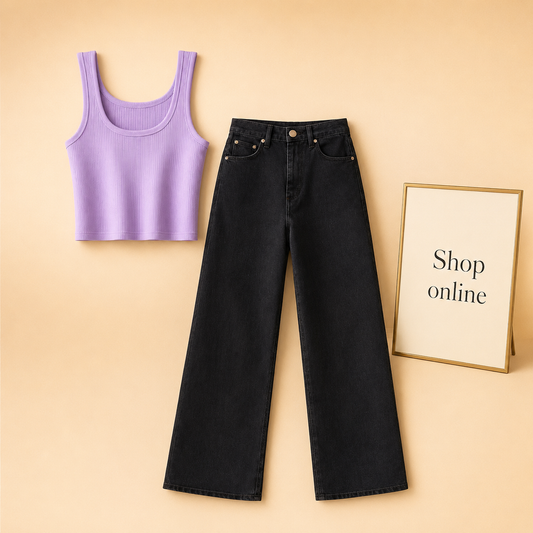 LILAC TANK TOP WITH BLACK WIDE LEG JEANS