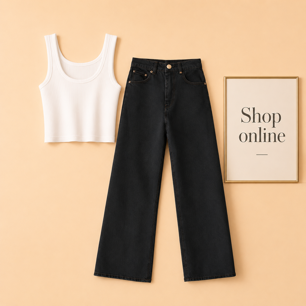 WHITE TANK TOP WITH BLACK WIDE LEG JEANS