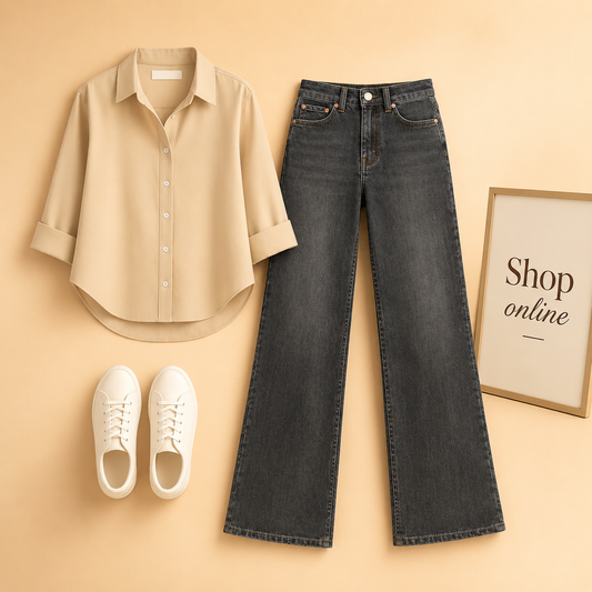 BEIGE BUTTON SHIRT WITH BLACK MALAYSIAN WIDE LEG JEANS