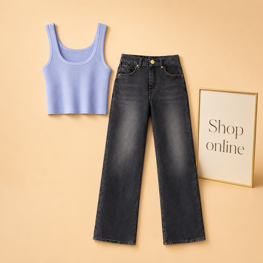 SKY BLUE TANK TOP WITH BLACK MALAYSIAN WIDE LEG JEANS