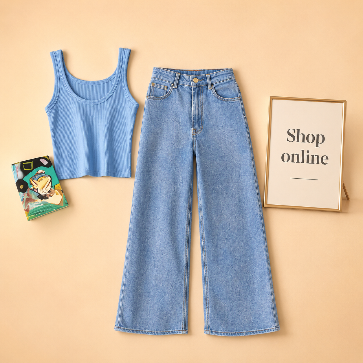 SKY BLUE TANK TOP WITH ICE BLUE WIDE LEG JEANS