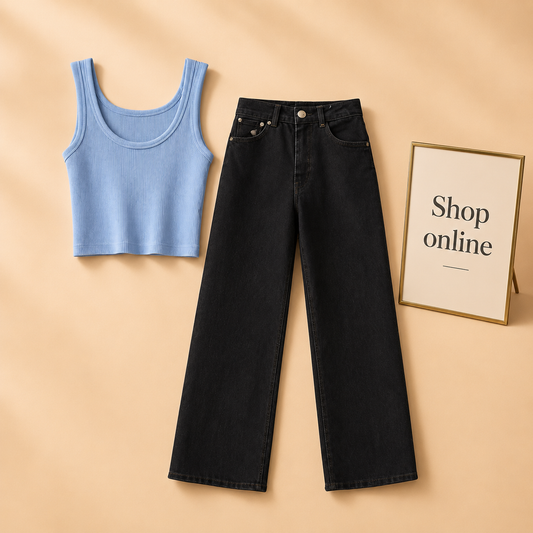 SKY BLUE TANK TOP WITH BLACK WIDE LEG JEANS