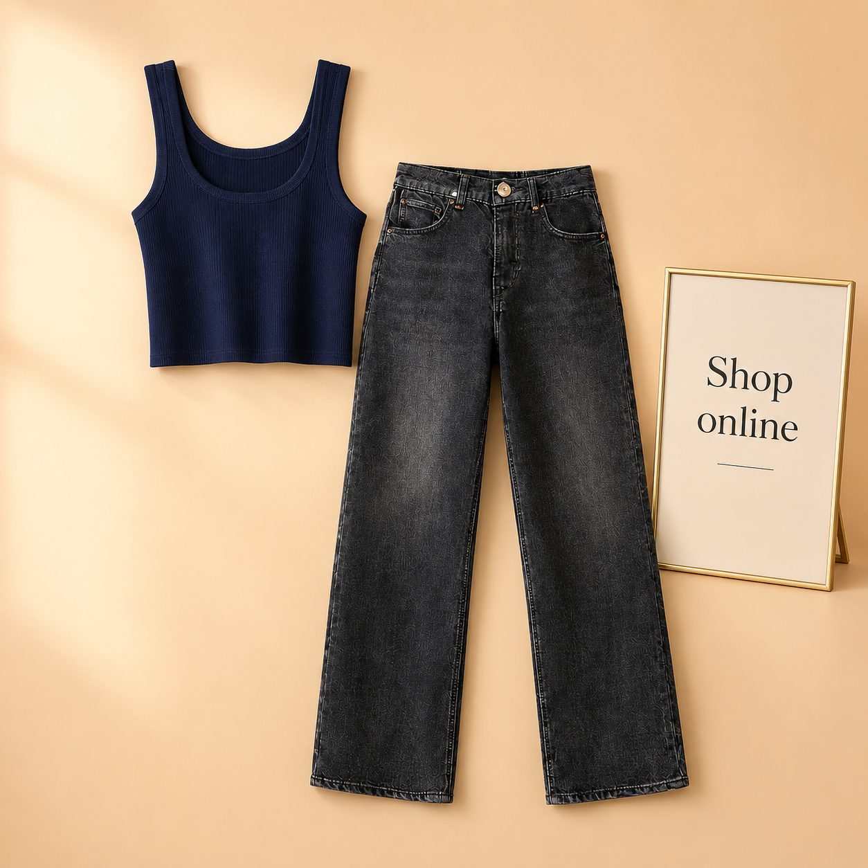 NAVY BLUE TANK TOP WITH BLACK MALAYSIAN WIDE LEG JEANS