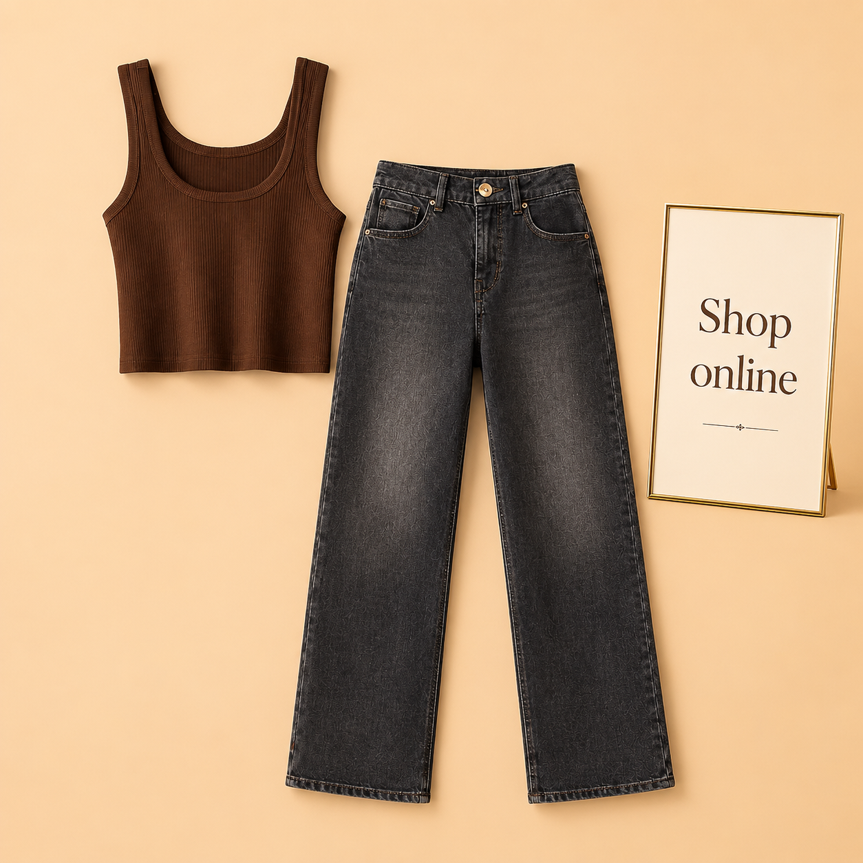 BROWN TANK TOP WITH BLACK MALAYSIAN WIDE LEG JEANS