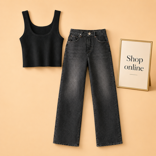 BLACK TANK TOP WITH BLACK MALAYSIAN WIDE LEG JEANS