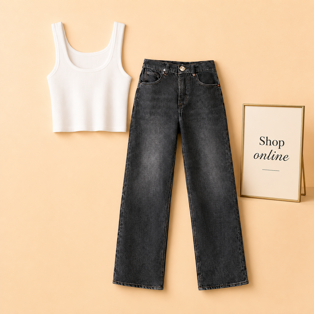 WHITE TANK TOP WITH BLACK MALAYSIAN WIDE LEG JEANS