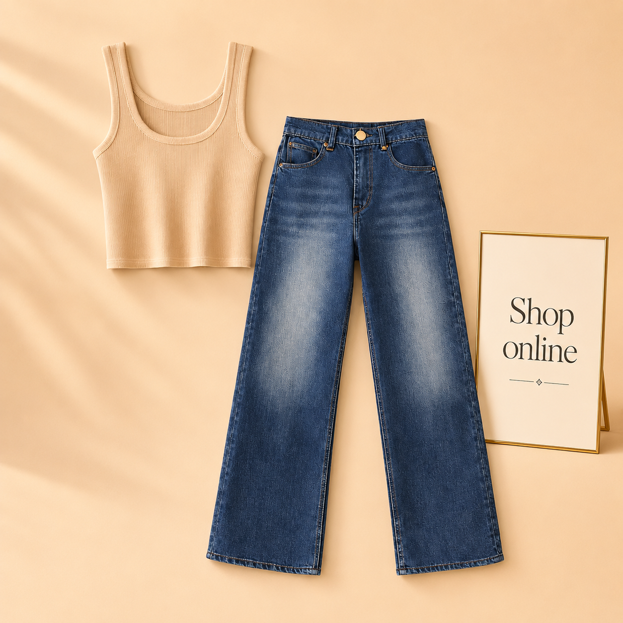 BEIGE TANK TOP WITH DARK BLUE WIDE LEG JEANS