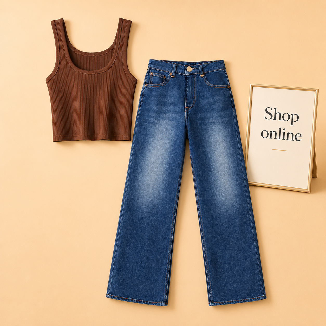 BROWN TANK TOP WITH DARK BLUE WIDE LEG JEANS