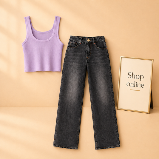 LILAC TANK TOP WITH BLACK MALAYSIAN WIDE LEG JEANS