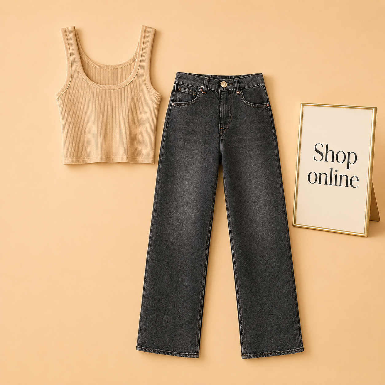 BEIGE TANK TOP WITH BLACK MALAYSIAN WIDE LEG JEANS