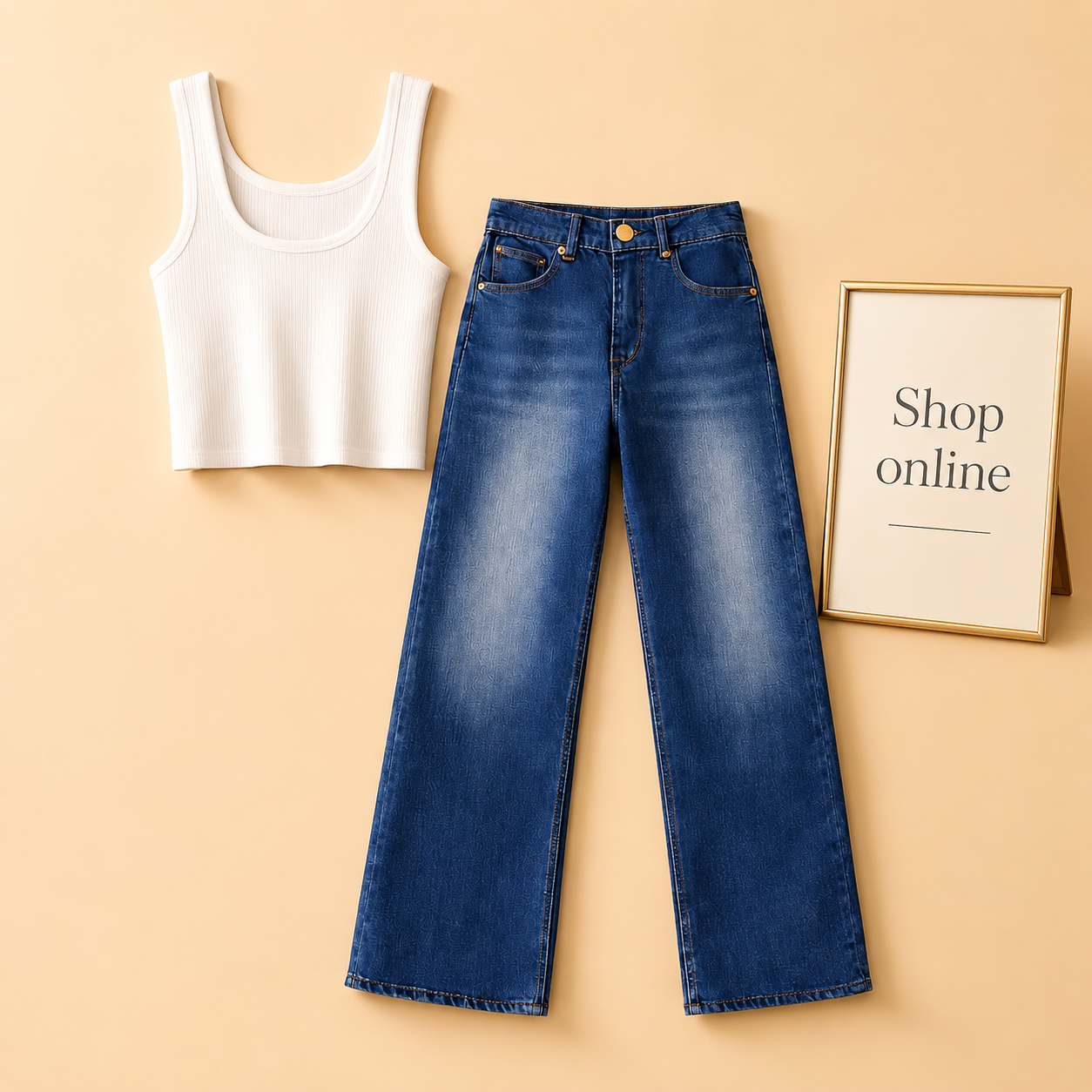 WHITE TANK TOP WITH DARK BLUE WIDE LEG JEANS