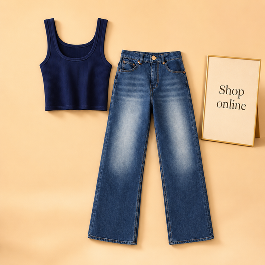 NAVY BLUE TANK TOP WITH DARK BLUE WIDE LEG JEANS