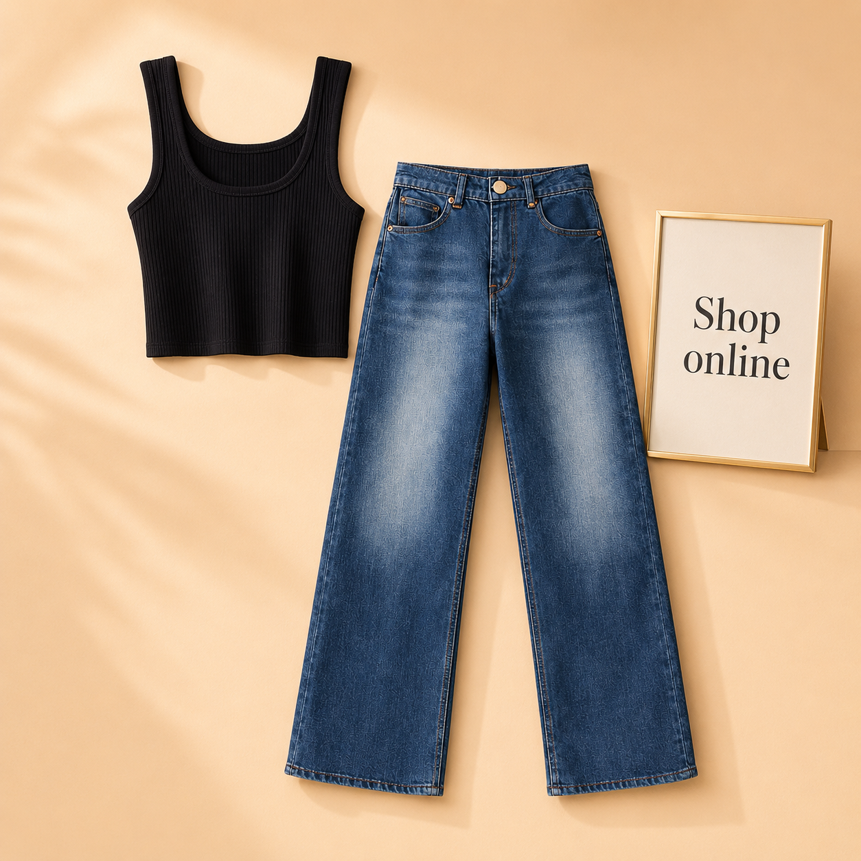 BLACK TANK TOP WITH DARK BLUE WIDE LEG JEANS