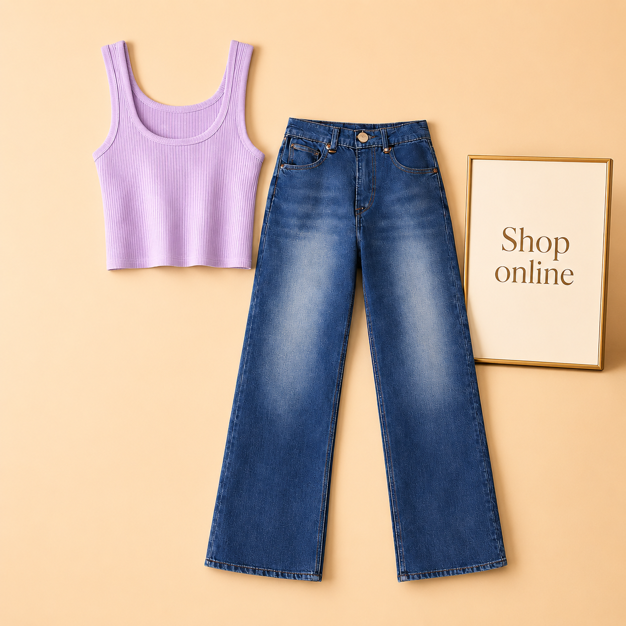 LILAC TANK TOP WITH DARK BLUE WIDE LEG JEANS