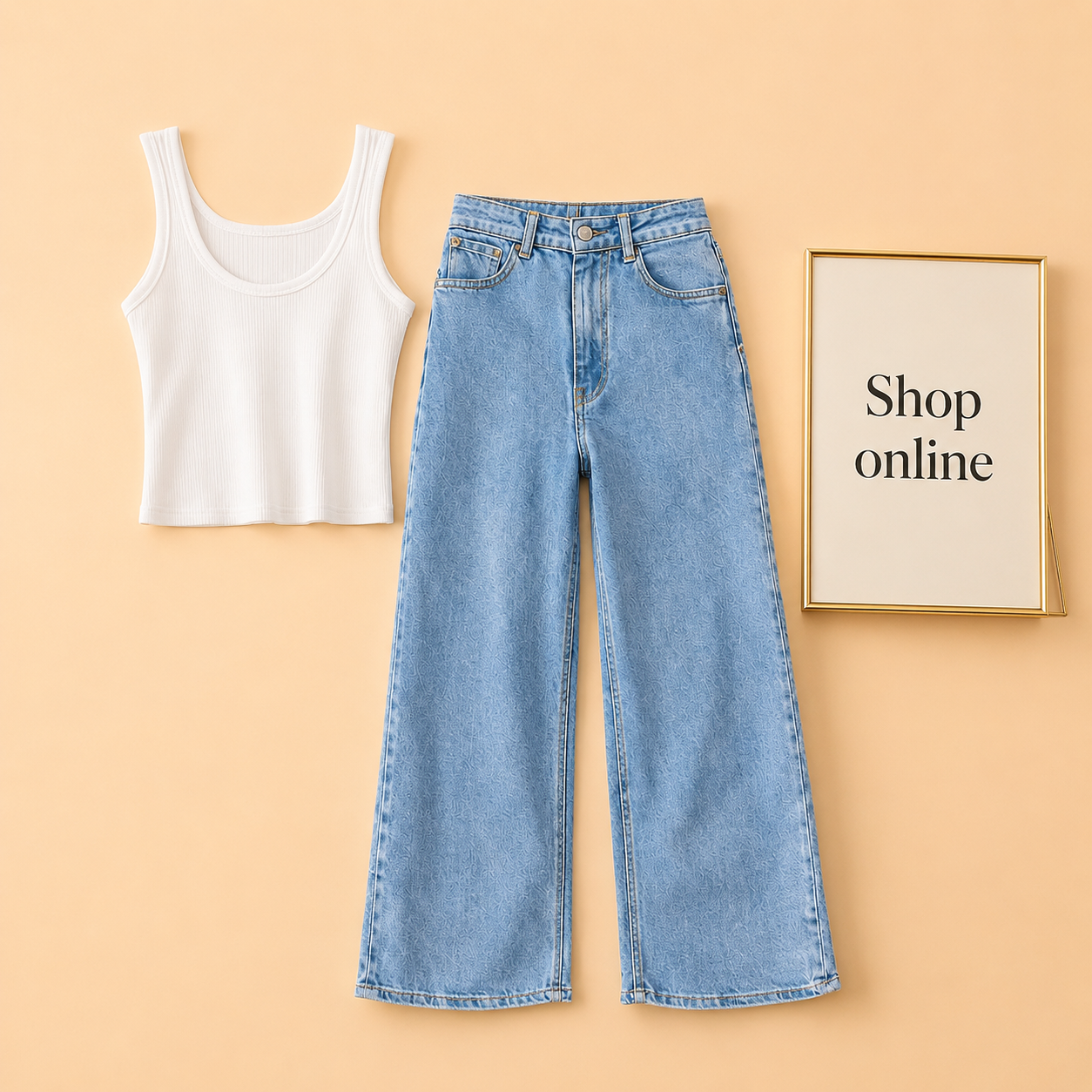 WHITE TANK TOP WITH ICE BLUE WIDE LEG JEANS