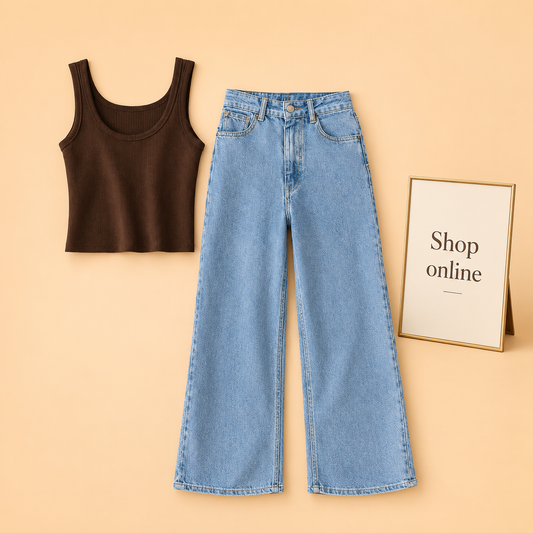 BROWN TANK TOP WITH ICE BLUE WIDE LEG JEANS