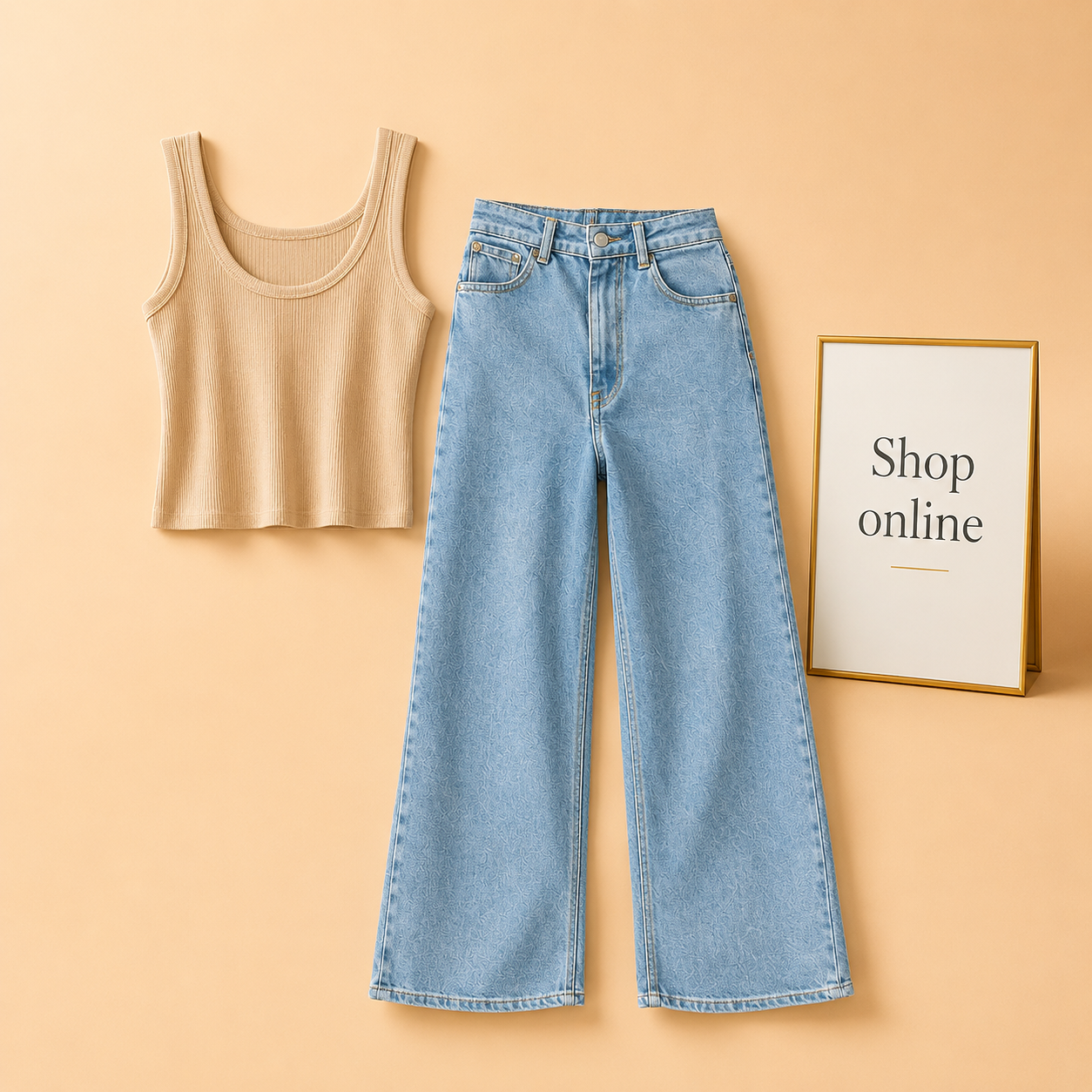 BEIGE TANK TOP WITH SKY BLUE WIDE LEG JEANS