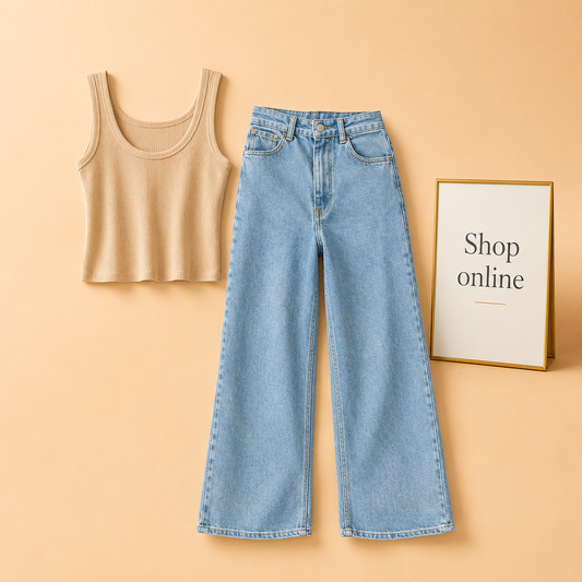 BEIGE TANK TOP WITH SKY BLUE WIDE LEG JEANS