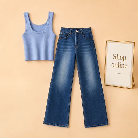 SKY BLUE TANK TOP WITH DARK BLUE WIDE LEG JEANS
