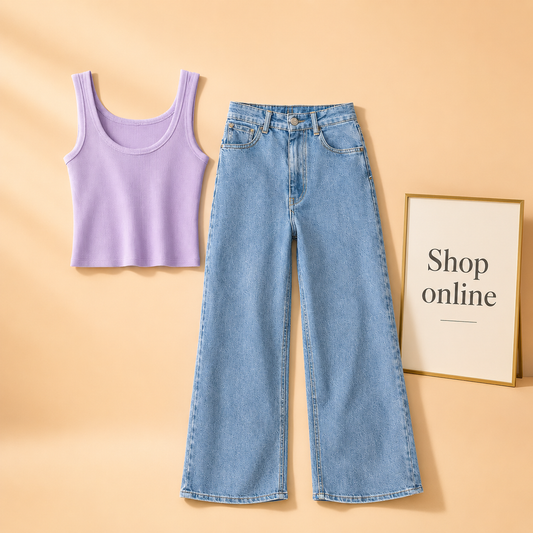 LILAC TANK TOP WITH ICE BLUE WIDE LEG JEANS