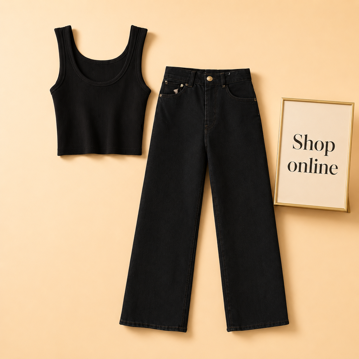 BLACK TANK TOP WITH BLACK WIDE LEG JEANS