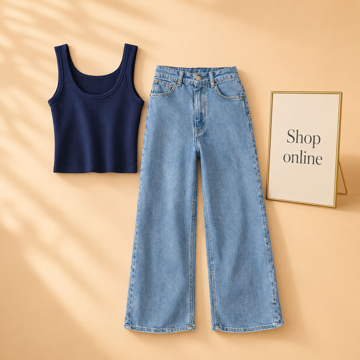 NAVY BLUE TANK TOP WITH ICE BLUE WIDE LEG JEANS
